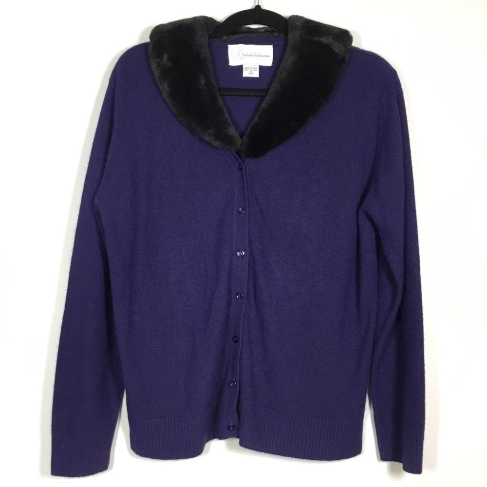 Vintage 1990s purple cardigan faux fur detachable collar button down size M